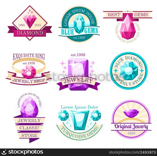 Jewel emblems set with jewelry store and original jewelry symbols flat isolated vector illustration . Jewel Emblems Set
