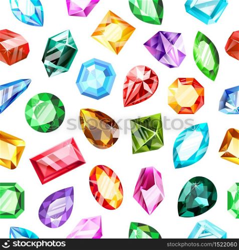 Jewel gems pattern. Crystal gemstone, jewels game gemstone, luxury brilliant, sapphire and ruby gems seamless vector background. Gemstone jewelry, brilliant precious, diamond treasure. Jewel gems pattern. Crystal gemstone, jewels game gemstone, luxury brilliant, sapphire and ruby gems seamless vector background