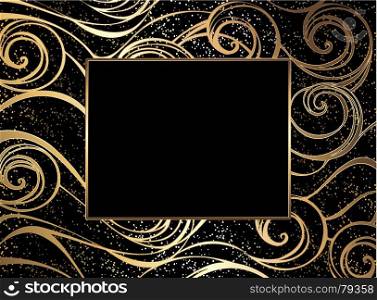 Jeweled, golden marine background with a filigree wave pattern and golden sand.