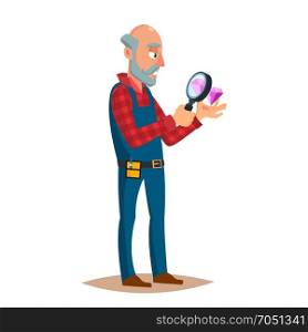 Jeweler Diamond Expert Vector. Jewels And Diamonds. Man Examines Faceted Diamond In Workplace. Cartoon Character Illustration. Jeweler Man Vector. Eyeglass Magnifier, Jewelry Gem Items. Occupation Person To Work With Precious Stones. Cartoon Character Illustration