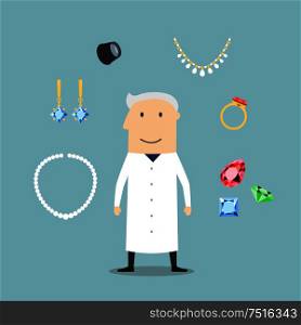 Jeweler or goldsmith profession design with man with professional magnifier, luxury jewelries such as fancy earrings, ring and pendant with red gems, chain and bracelets, shining jewels. Jeweler man with jewelries and gems