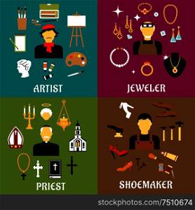 Jeweler, shoemaker, artist and priest profession flat icons set with men in professional uniforms with tools, religion, art and craft symbols. Jeweler, shoemaker, artist and priest professions
