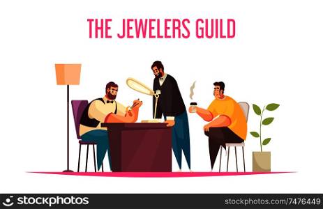 Jeweller concept with gemstones and estimation symbols flat vector illustration