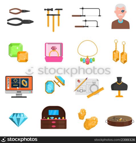 Jeweller icons set with earrings and necklace flat isolated vector illustration . Jeweller Icons Set