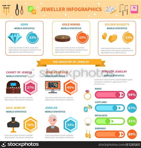 Jeweller infographics set. Jeweller infographics set with luxury industry symbols and charts vector illustration