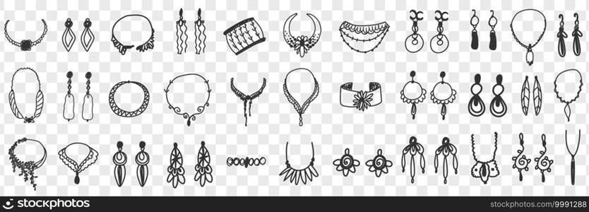 Jewellery and accessories doodle set. Collection of hand drawn elegant feminine accessories earrings necklace bracelets for wearing with stylish clothes isolated on transparent background. Jewellery and accessories doodle set