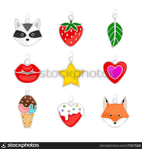 Jewellery pendants. Modern youth pendants set, lips and fox, ice cream and strawberries, heart and star vector illustration. Jewellery pendants set