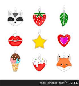 Jewellery pendants. Modern youth pendants set, lips and fox, ice cream and strawberries, heart and star vector illustration. Jewellery pendants set