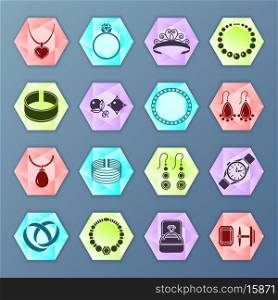 Jewelry accessories fashion hexagon icons set isolated vector illustration