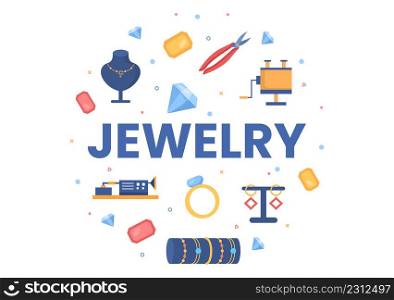 Jewelry Accessories Such as Necklaces, Earrings and Bracelets Designed by Jewelers from Gems in Flat Style illustration for Poster Background