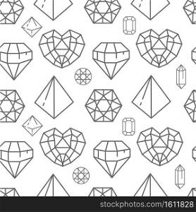 Jewelry and brilliants line art, jewels and gem stones seamless pattern. Colorless rocks with sides, triangles and hearts, geometric shapes. Glass jewel, decorative items, vector in flat style. Brilliants and gem stones, crystals line art seamless pattern