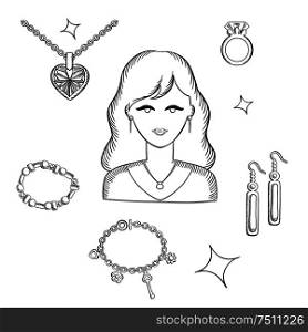 Jewelry and fashion sketch design with pretty brunette woman surrounded with gemstones, precious accessories, chain with heart pendant, diamond ring, long earrings, bracelets and shining stars. . Woman fashion with jewelry and gold