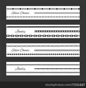 Jewelry and silver chains, set of decorative items, accessories collection placed horizontally, various objects, vector illustration isolated on grey. Jewelry and Silver Chains Set Vector Illustration