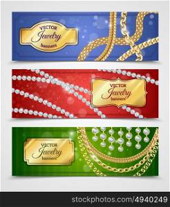 Jewelry Banners Set . Jewelry realistic horizontal banners set with chains and earrings isolated vector illustration
