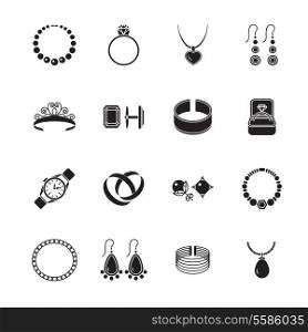Jewelry black icons set of diamond gold fashion expensive accessories isolated vector illustration.
