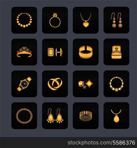 Jewelry black icons set of diamond gold fashion precious treasures isolated vector illustration