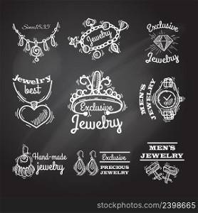Jewelry chalkboard emblems with cuff links watches bracelets rings set isolated vector illustration
