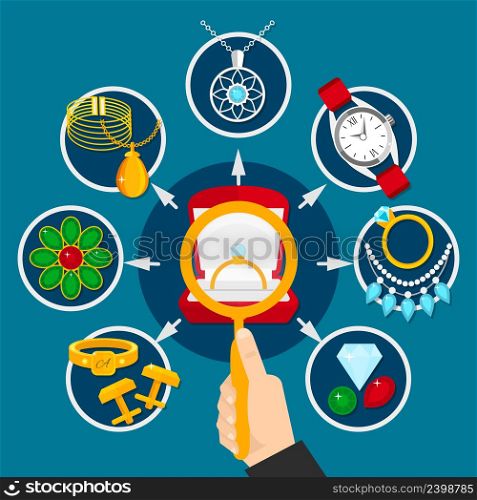 Jewelry choice composition with magnifier in hand, gems, mens and female decorations on blue background vector illustration. Jewelry Choice Composition