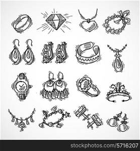 Jewelry decorative icons set with watches diamons jewel bracelet sketch isolated vector illustration