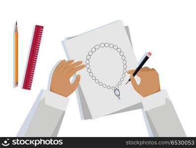 Jewelry Design Banner. Jewelry design banner. Jeweler designs on paper expensive jewelry necklace. Drawing on paper. Craft jewelry making. A handmade jeweler process, manufacture of jewelery. Vector illustration in flat.
