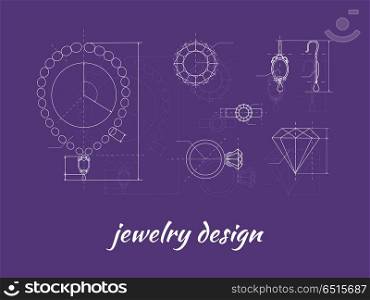Jewelry Design Banner. Jewelry design banner. Ring, earring and necklace graphic scheme. Diamond shape. Blueprint outline jewelry. Craft jewelry making. A handmade jeweler process, manufacture of jewelery
