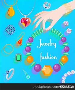 Jewelry fashion poster with woman hand holding necklace vector illustration