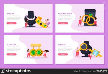 Jewelry flat 4x1 set of horizontal banners with editable text clickable button and doodle human characters vector illustration