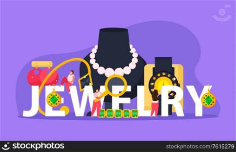 Jewelry flat composition with text surrounded by images of valuable objects and doodle characters of people vector illustration