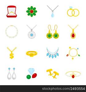 Jewelry flat icons set of diamond gold fashion expensive accessories isolated vector illustration