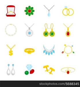 Jewelry flat icons set of diamond gold fashion expensive accessories isolated vector illustration