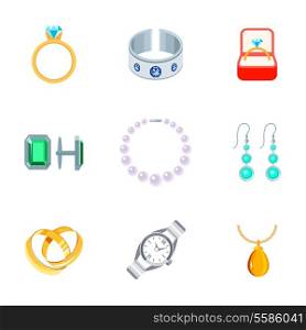 Jewelry flat icons set of diamond ring gem bracelet cuff links isolated vector illustration