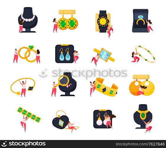 Jewelry flat icons set of doodle human characters with luxury and valuable items on blank background vector illustration