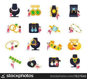 Jewelry flat icons set of doodle human characters with luxury and valuable items on blank background vector illustration