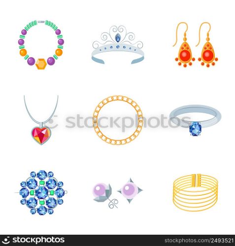 Jewelry flat icons set of necklace tiara earrings isolated vector illustration