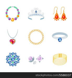 Jewelry flat icons set of necklace tiara earrings isolated vector illustration