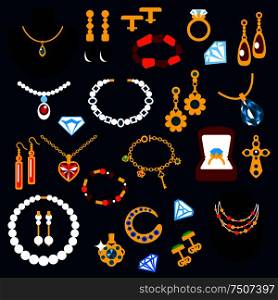 Jewelry flat icons with fashion luxury necklaces, earrings, bracelets, rings, pendants, chains and cufflinks, inlaid diamonds, pearls, emeralds, sapphires and other gems. Jewelry and gems flat icons