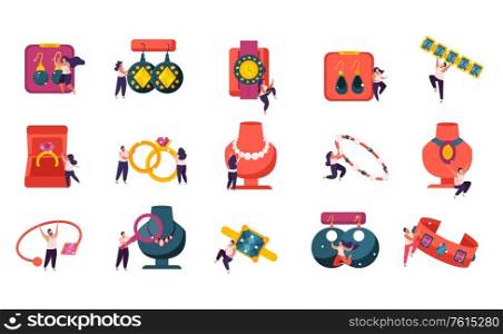 Jewelry flat recolor set with isolated compositions of icons and human characters with items of value vector illustration
