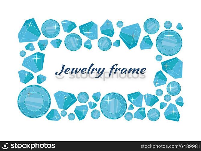 Jewelry frame vector concept in flat design. Precious gift. Sparkling, precious stones, gems and brilliants in different sizes. Illustration for jewelry store advertising. Isolated on white background. Jewelry Frame Vector Concept In Flat Design. Jewelry Frame Vector Concept In Flat Design