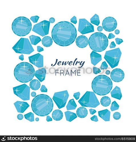 Jewelry Frame with Diamonds of Different Size.. Jewelry frame with diamonds of different size. Luxury jewels concept. Precious stones on white background. Photo frame, book cover decoration, banner, template. Add your image. Vector illustration
