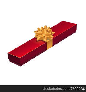 Jewelry gift box, red case present with golden bow tie, vector. Gift box for jewelry necklace or red velvet with gold ribbon, birthday or wedding and valentine holiday gift package. Gift box, jewelry present case with golden bow tie