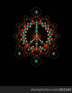Jewelry, gold peace symbol, decorated with turquoise and jasper on a dark background. Jewelery in boho style.