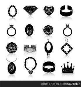 Jewelry icons black set of fashion expensive gems and treasure accessories isolated vector illustration