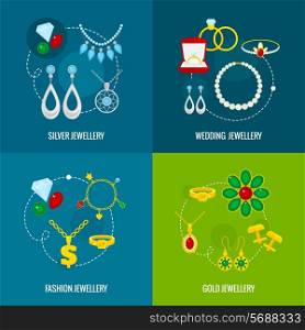 Jewelry icons flat set of silver gold wedding fashion jewellery isolated vector illustration