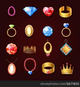 Jewelry icons set of diamond gold fashion expensive accessories isolated vector illustration