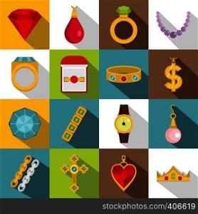 Jewelry items icons set. Flat illustration of 16 jewelry items vector icons for web. Jewelry items icons set, flat style