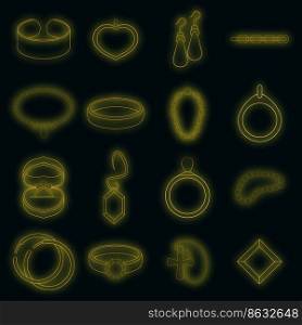 Jewelry items icons set. Illustration of 16 jewelry items vector icons neon color on black. Jewelry items icons set vector neon