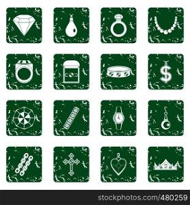 Jewelry items icons set in grunge style green isolated vector illustration. Jewelry items icons set grunge