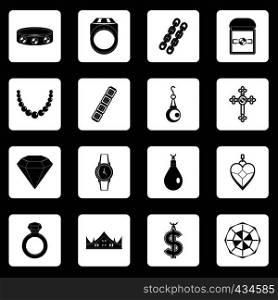 Jewelry items icons set in white squares on black background simple style vector illustration. Jewelry items icons set squares vector