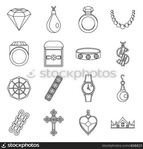 Jewelry items icons set. Outline illustration of 16 jewelry items vector icons for web. Jewelry items icons set, outline style