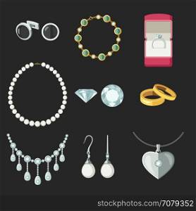 Jewelry. Jewelry icons set in flat style. Vector illustration of accessories rings, necklace, earrings...